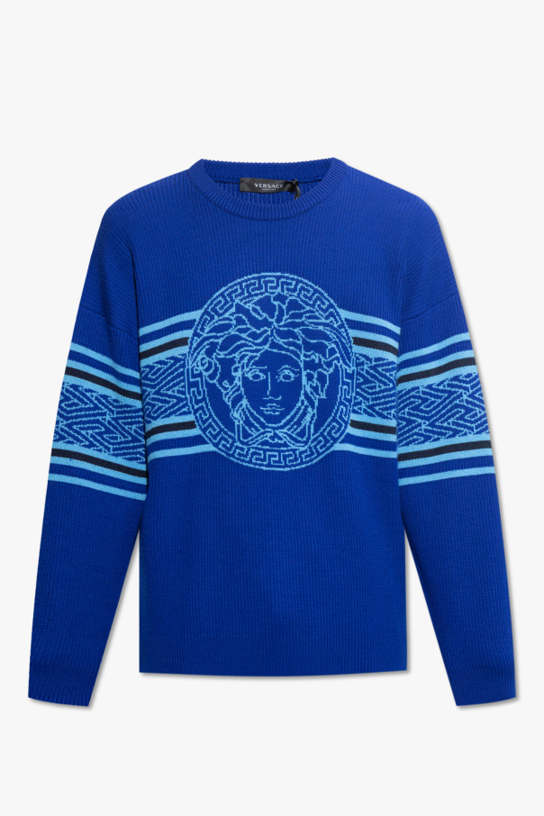 Versace fashion Collection Men's Blue Heather Wool Crew-Neck Pullover Sweater Size XL